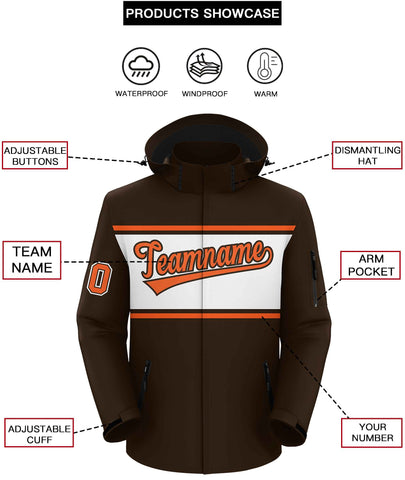 Custom Brown Orange-White Color Block Personalized Outdoor Hooded Waterproof Jacket