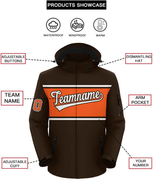 Custom Brown White-Orange Color Block Personalized Outdoor Hooded Waterproof Jacket