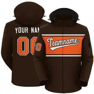 Custom Brown White-Orange Color Block Personalized Outdoor Hooded Waterproof Jacket