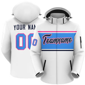 Custom White Pink-Powder Blue Color Block Personalized Outdoor Hooded Waterproof Jacket