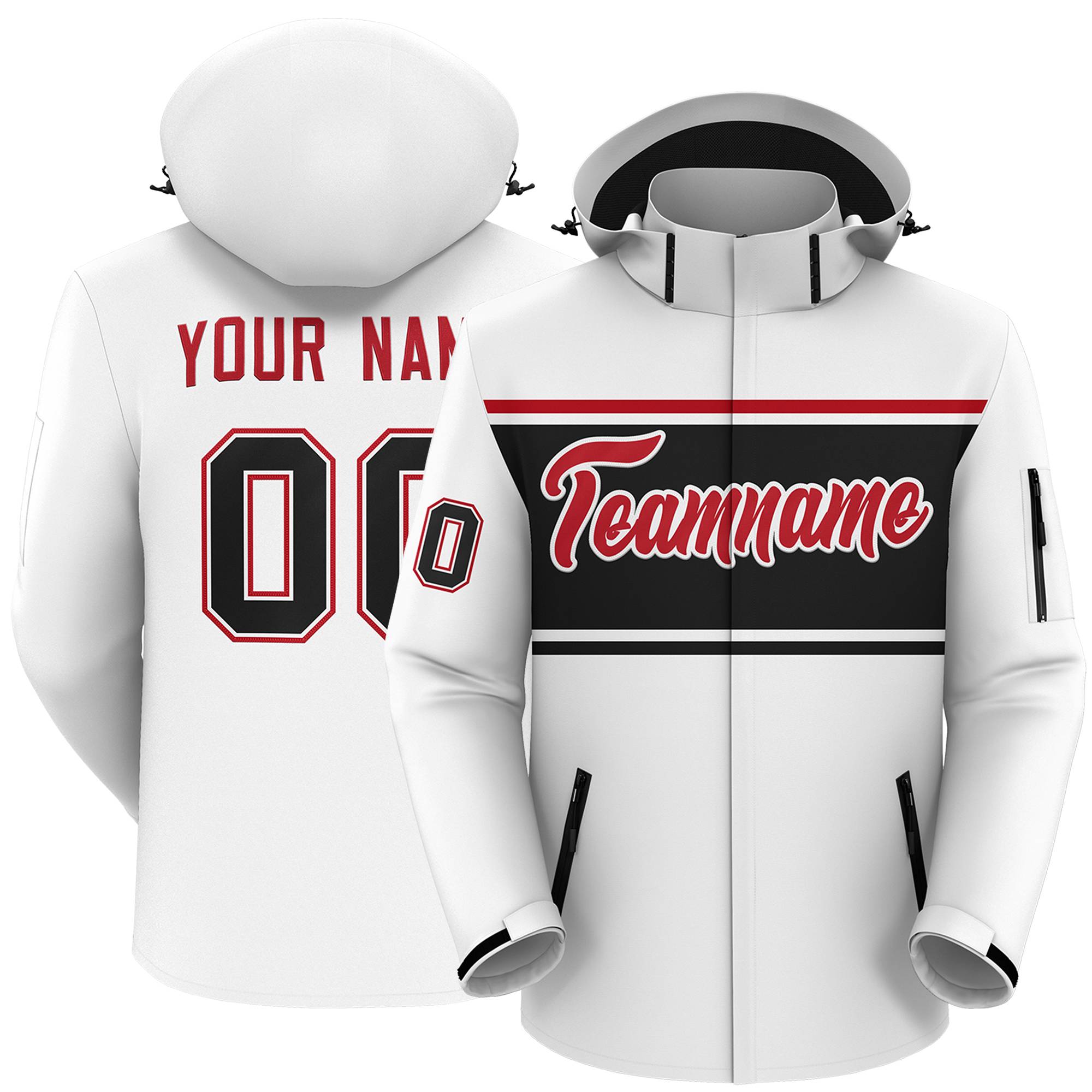 Custom White Red-Black Color Block Personalized Outdoor Hooded Waterproof Jacket