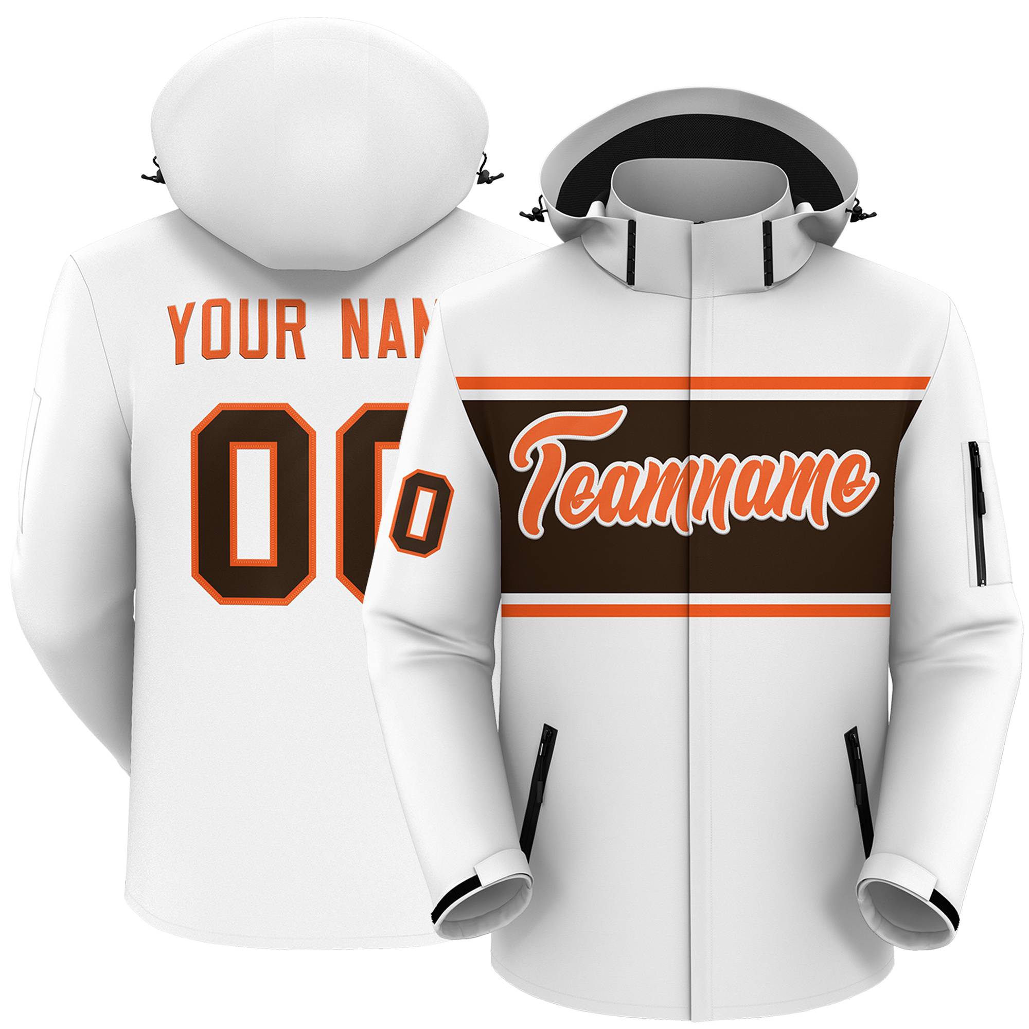 Custom White Orange-Brown Color Block Personalized Outdoor Hooded Waterproof Jacket