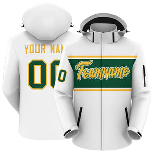 Custom White Gold-Green Color Block Personalized Outdoor Hooded Waterproof Jacket