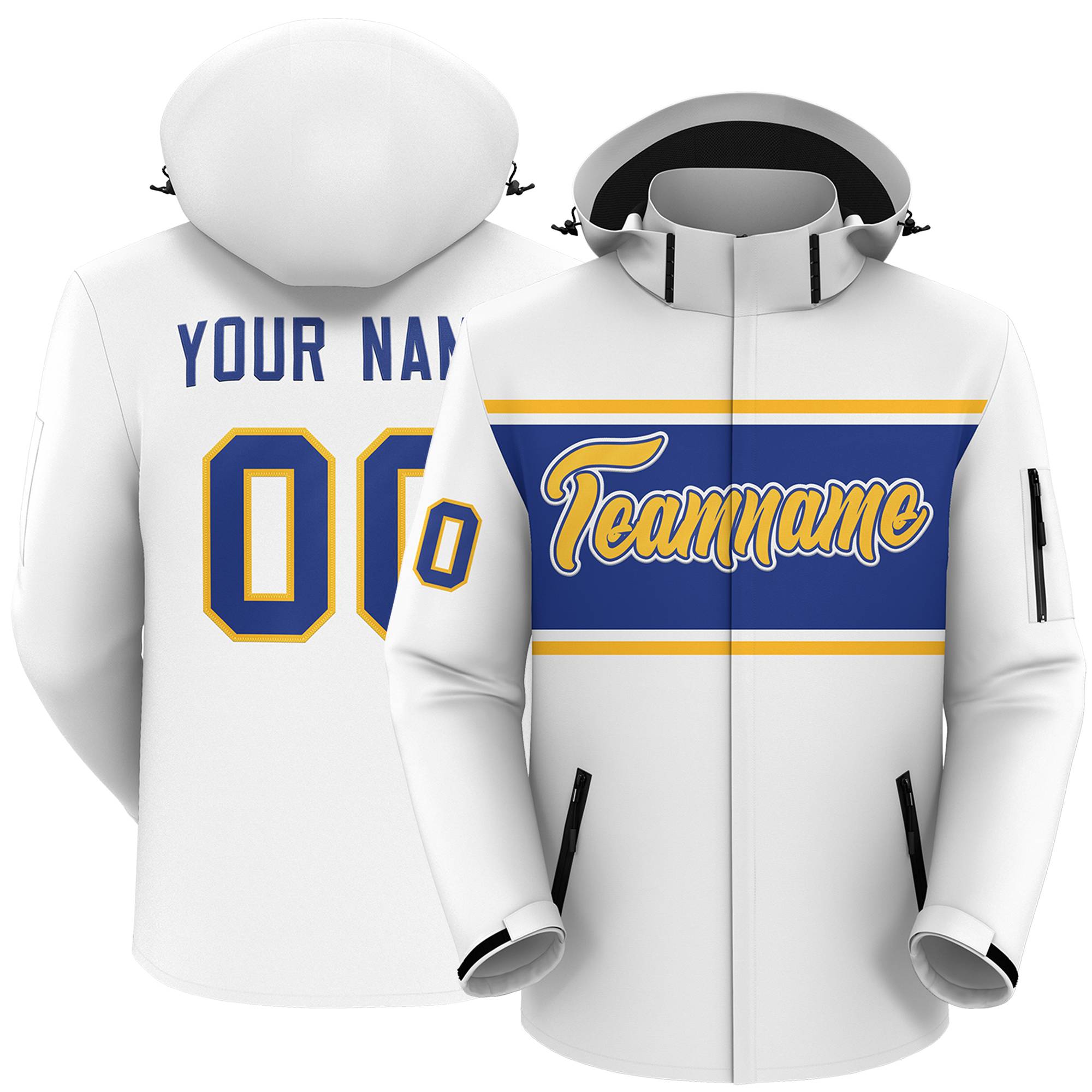 Custom White Gold-Royal Color Block Personalized Outdoor Hooded Waterproof Jacket