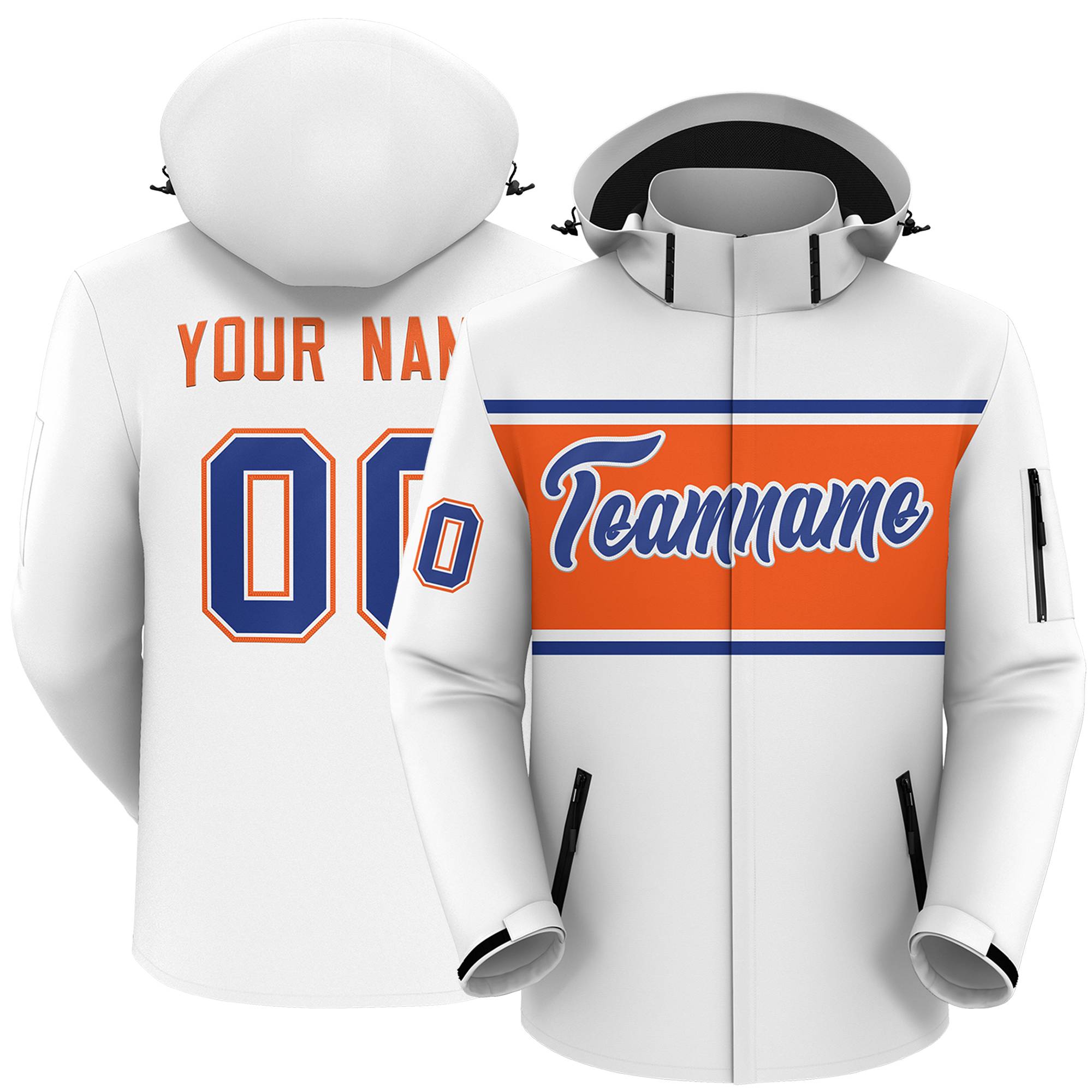 Custom White Royal-Orange Color Block Personalized Outdoor Hooded Waterproof Jacket