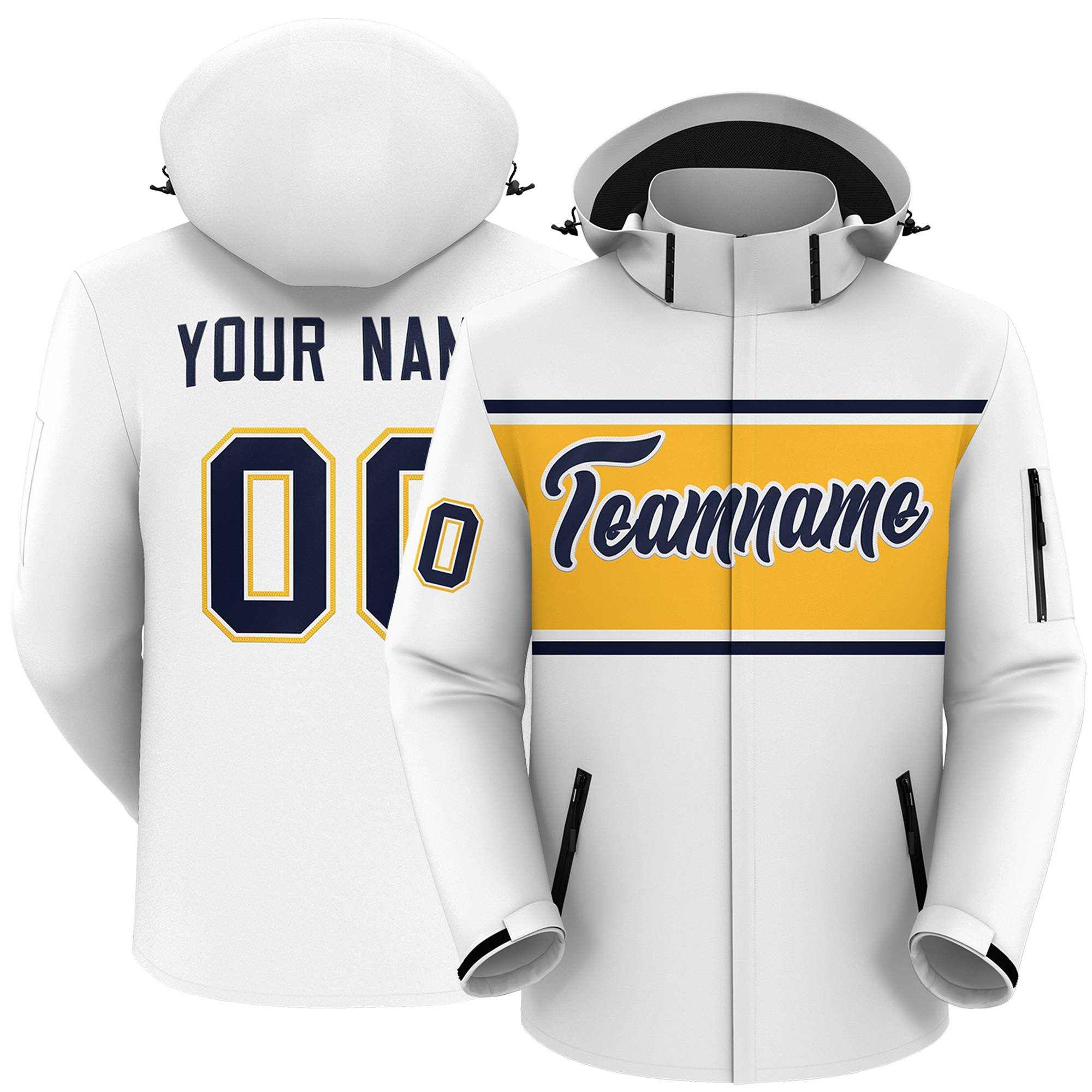 Custom White Navy-Gold Color Block Personalized Outdoor Hooded Waterproof Jacket