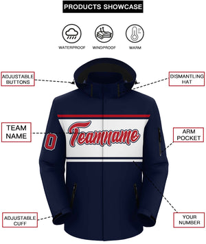 Custom Navy Red-White Color Block Personalized Outdoor Hooded Waterproof Jacket