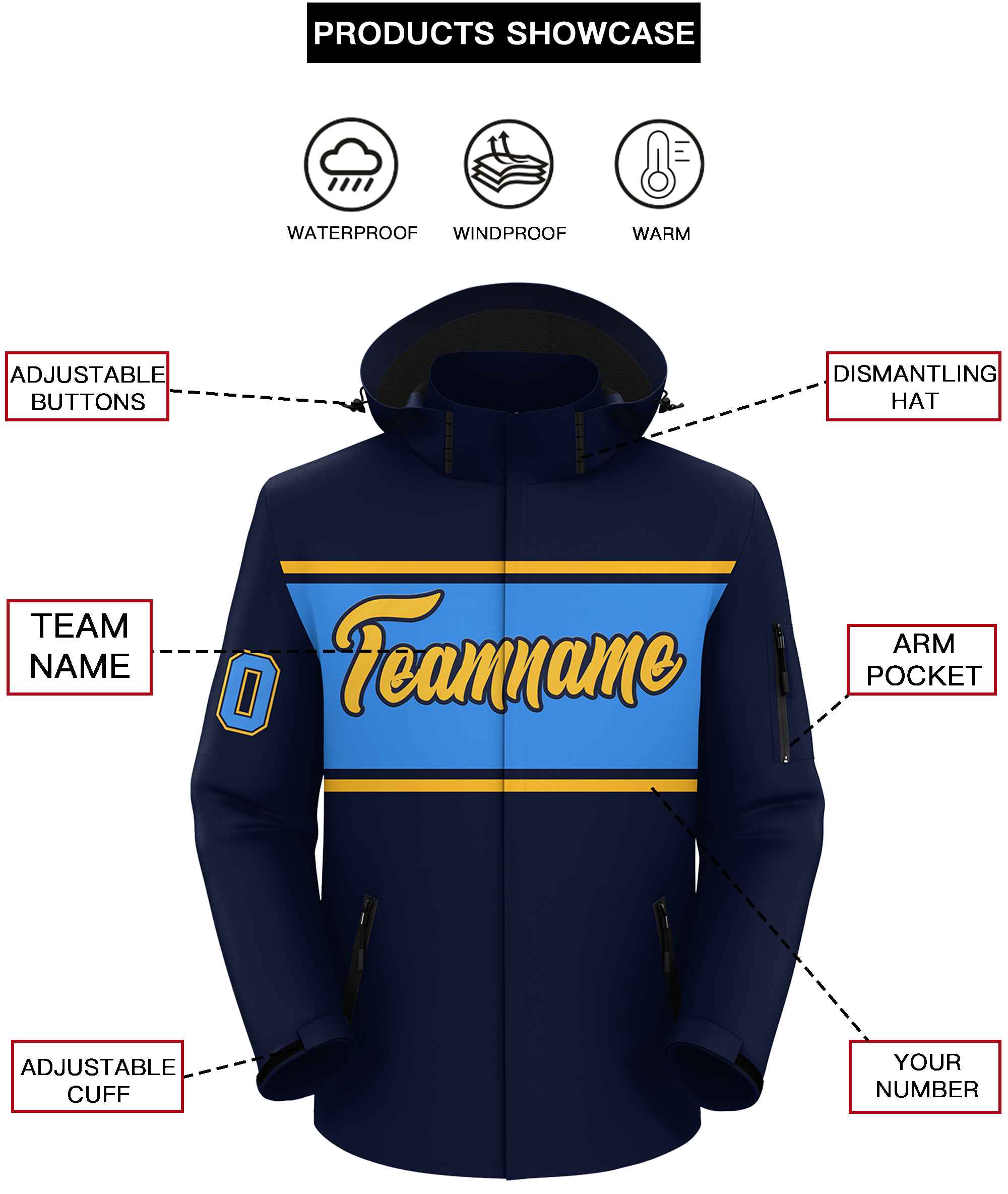 Custom Navy Gold-Powder Blue Color Block Personalized Outdoor Hooded Waterproof Jacket