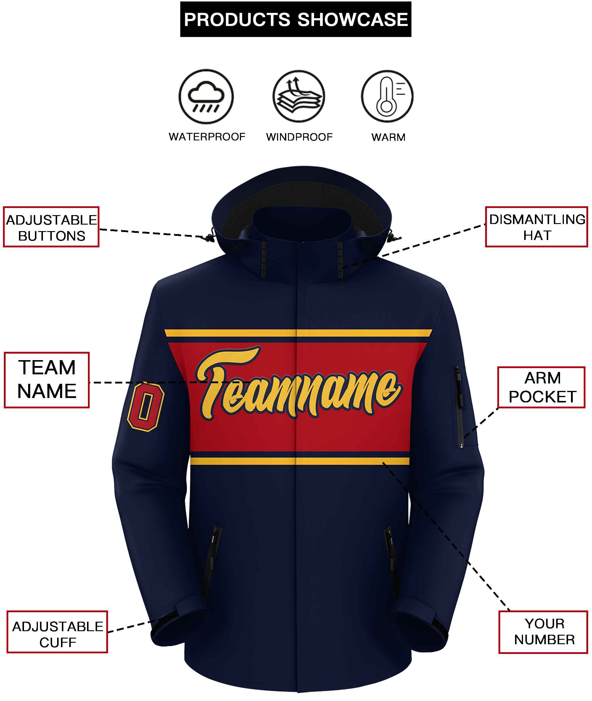 Custom Navy Gold-Red Color Block Personalized Outdoor Hooded Waterproof Jacket