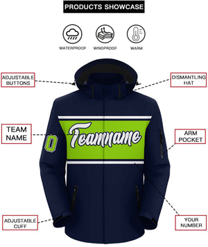 Custom Navy White-Neon Green Color Block Personalized Outdoor Hooded Waterproof Jacket