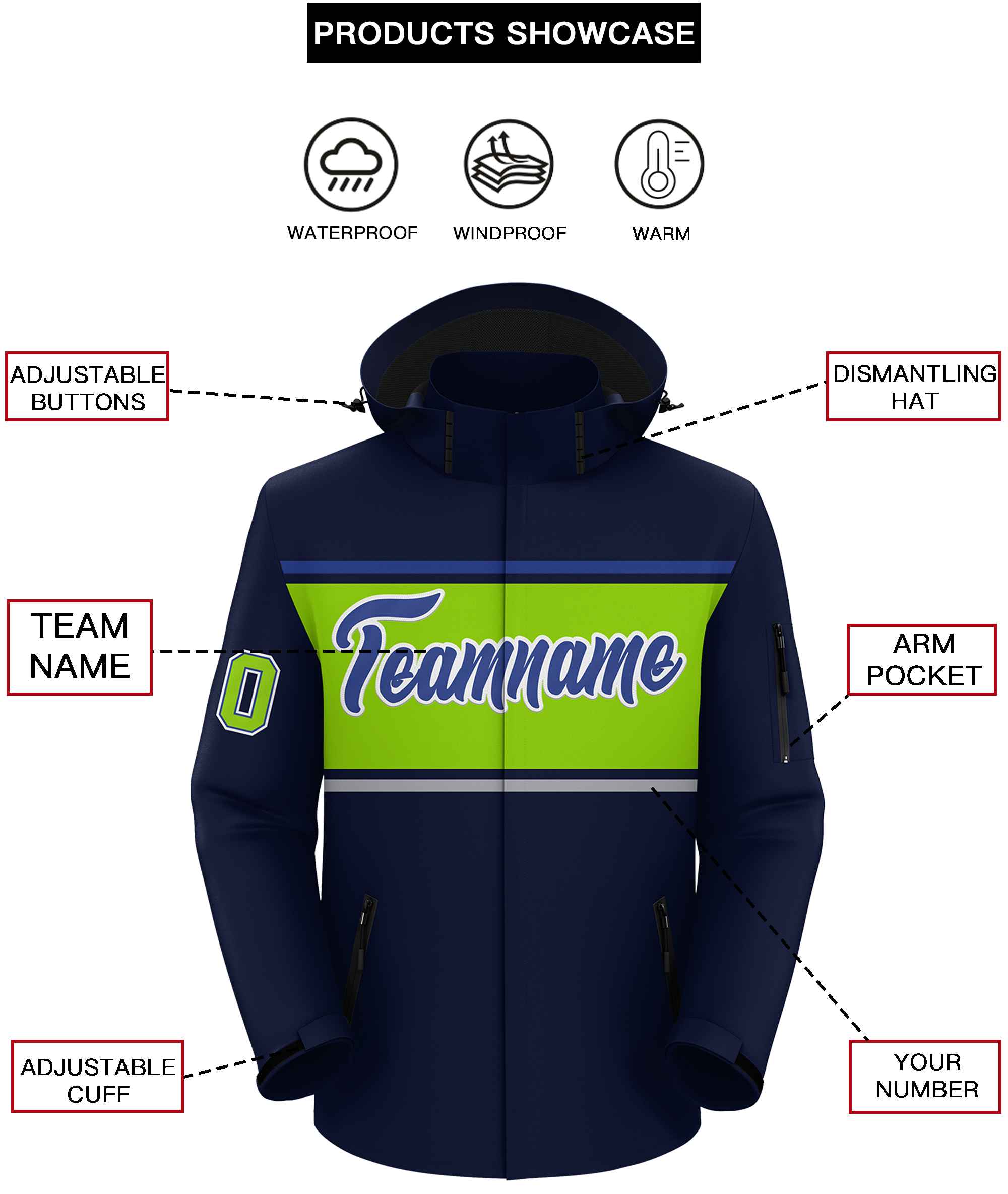 Custom Navy Royal-Neon Green Color Block Personalized Outdoor Hooded Waterproof Jacket