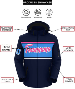 Custom Navy Pink-Powder Blue Color Block Personalized Outdoor Hooded Waterproof Jacket