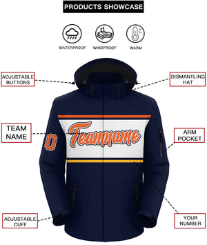 Custom Navy Orange-White Color Block Personalized Outdoor Hooded Waterproof Jacket