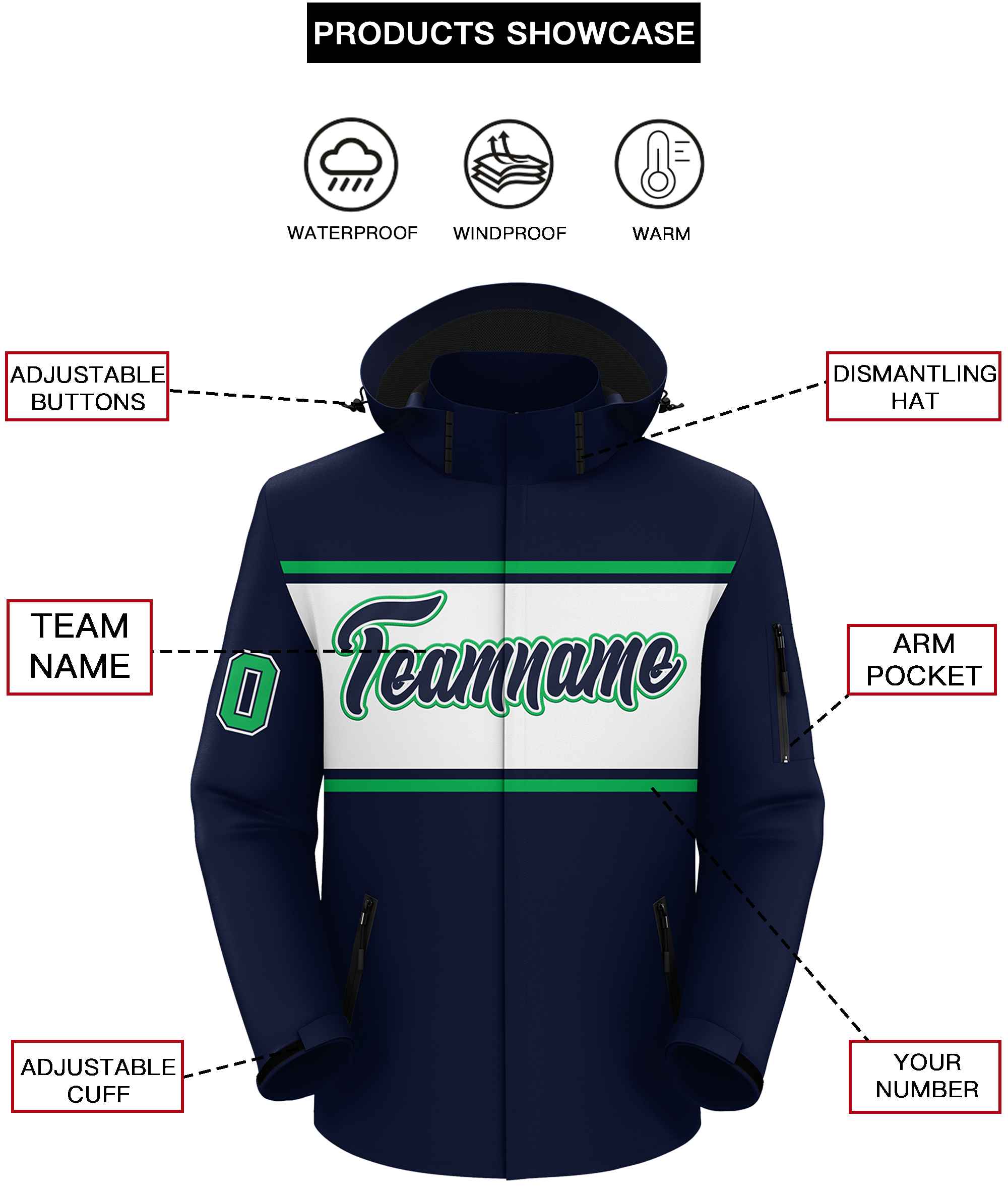 Custom Navy Kelly Green-White Color Block Personalized Outdoor Hooded Waterproof Jacket