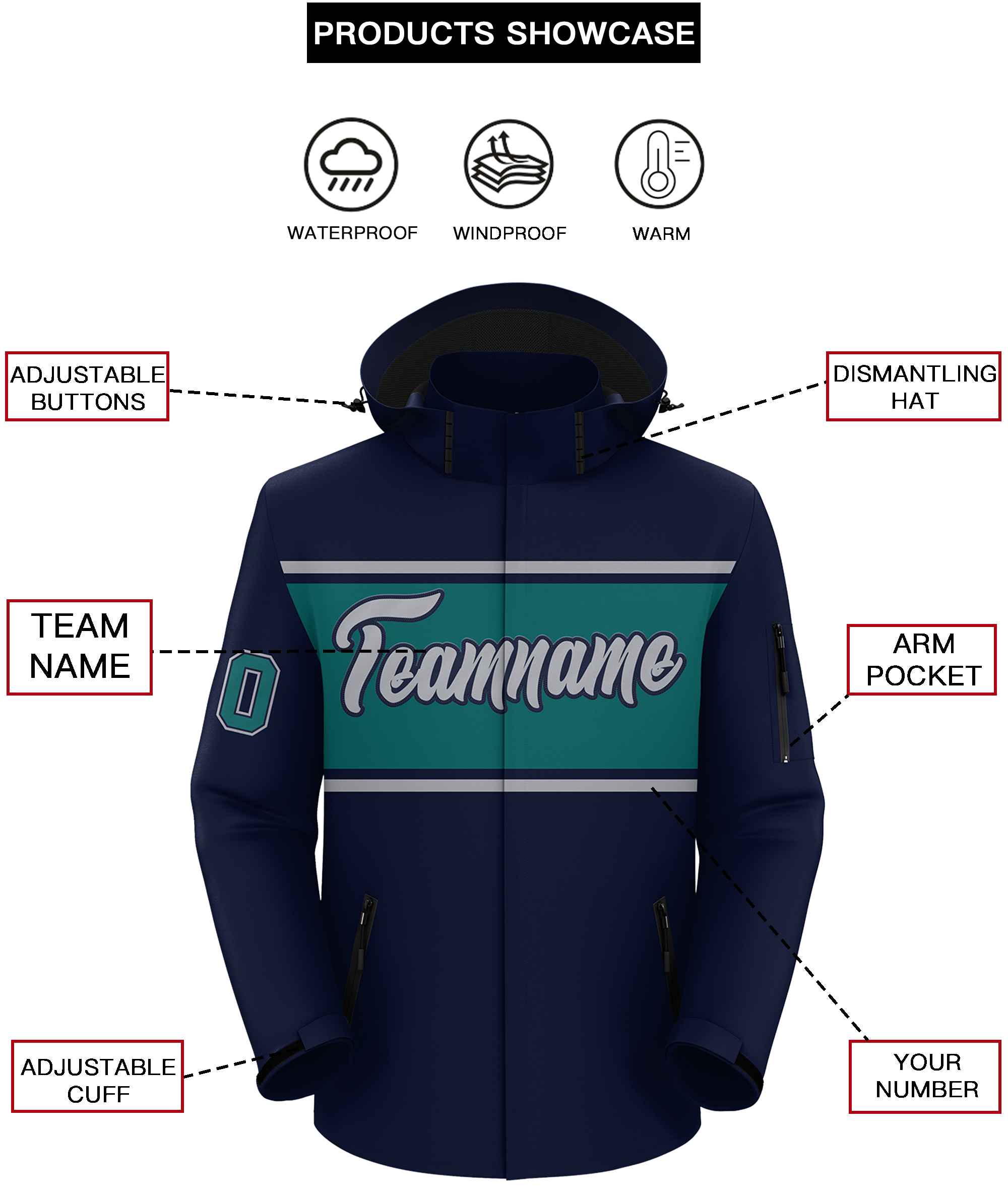 Custom Navy Gray-Aqua Color Block Personalized Outdoor Hooded Waterproof Jacket