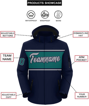 Custom Navy Gray-Aqua Color Block Personalized Outdoor Hooded Waterproof Jacket