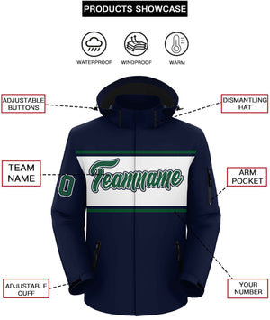 Custom Navy Green-White Color Block Personalized Outdoor Hooded Waterproof Jacket