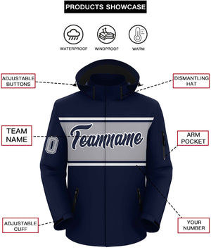 Custom Navy White-Gray Color Block Personalized Outdoor Hooded Waterproof Jacket