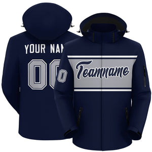 Custom Navy White-Gray Color Block Personalized Outdoor Hooded Waterproof Jacket