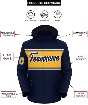 Custom Navy White-Gold Color Block Personalized Outdoor Hooded Waterproof Jacket