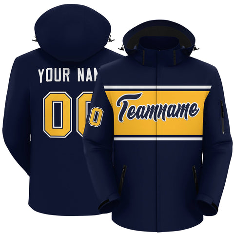 Custom Navy White-Gold Color Block Personalized Outdoor Hooded Waterproof Jacket