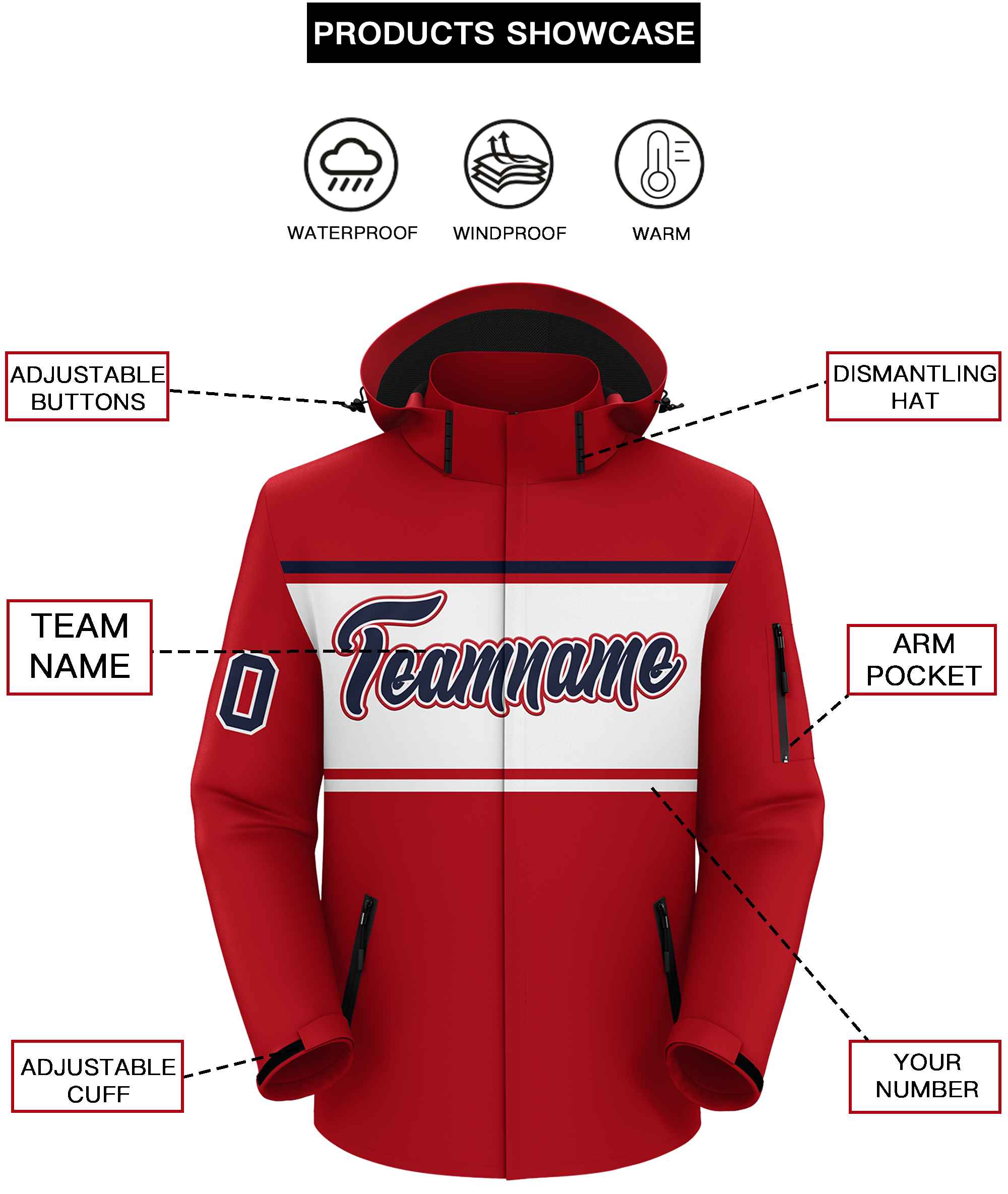 Custom Red Navy-White Color Block Personalized Outdoor Hooded Waterproof Jacket