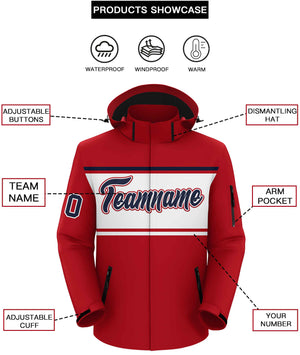 Custom Red Navy-White Color Block Personalized Outdoor Hooded Waterproof Jacket