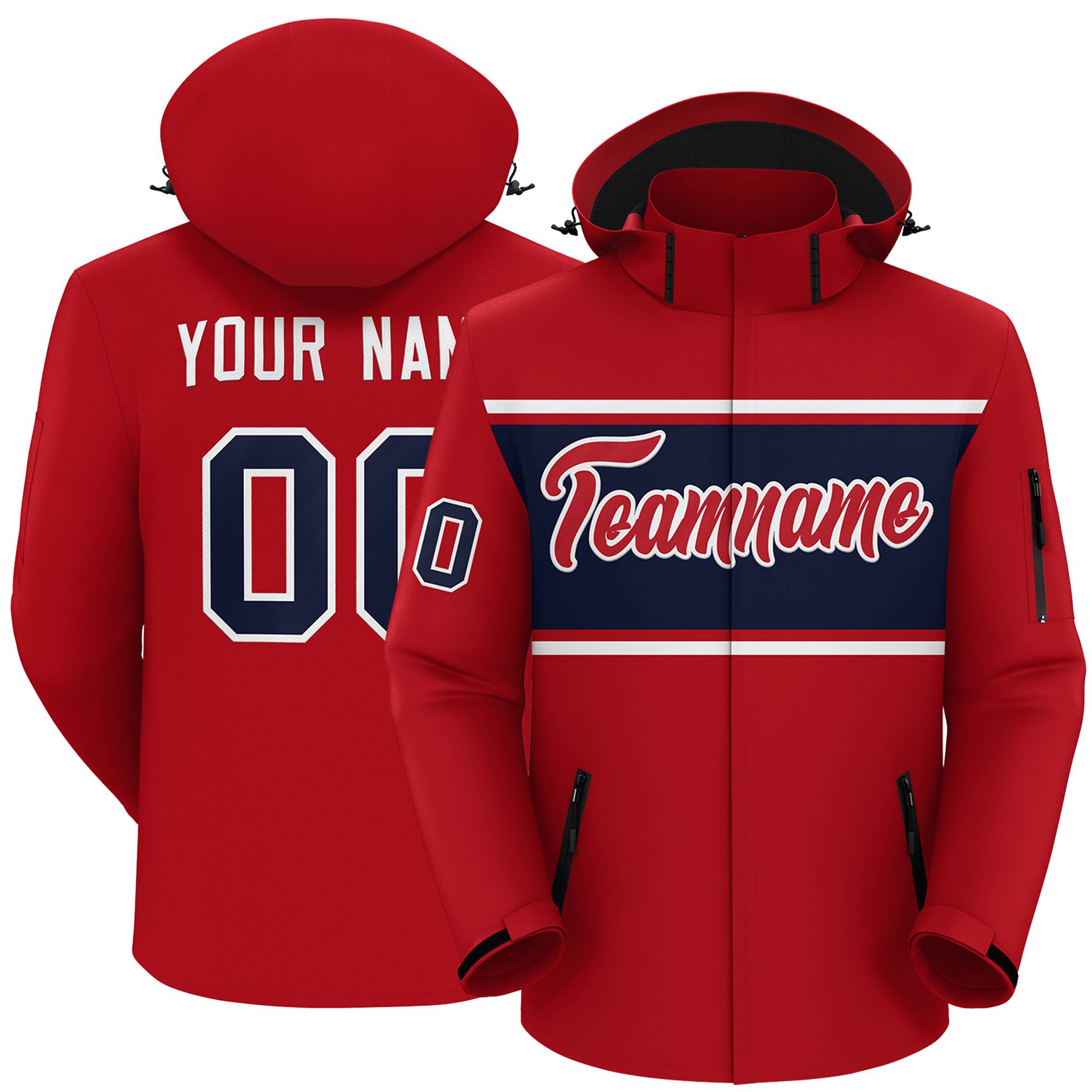 Custom Red White-Navy Color Block Personalized Outdoor Hooded Waterproof Jacket