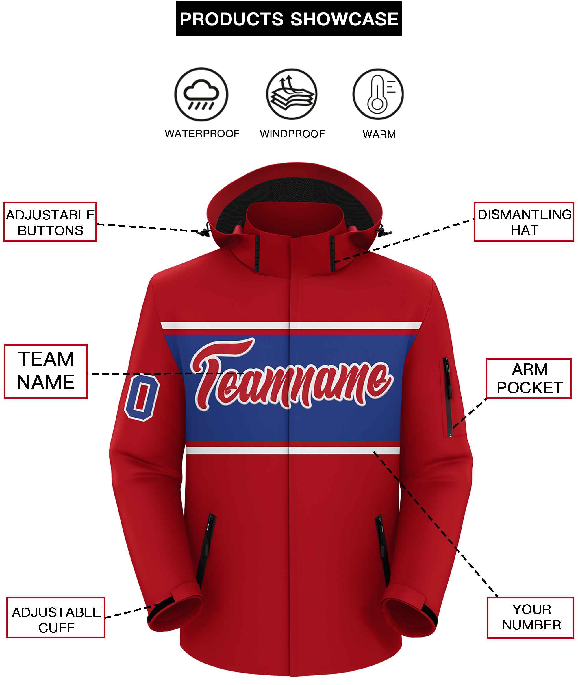 Custom Red White-Royal Color Block Personalized Outdoor Hooded Waterproof Jacket