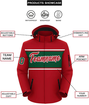 Custom Red White-Green Color Block Personalized Outdoor Hooded Waterproof Jacket