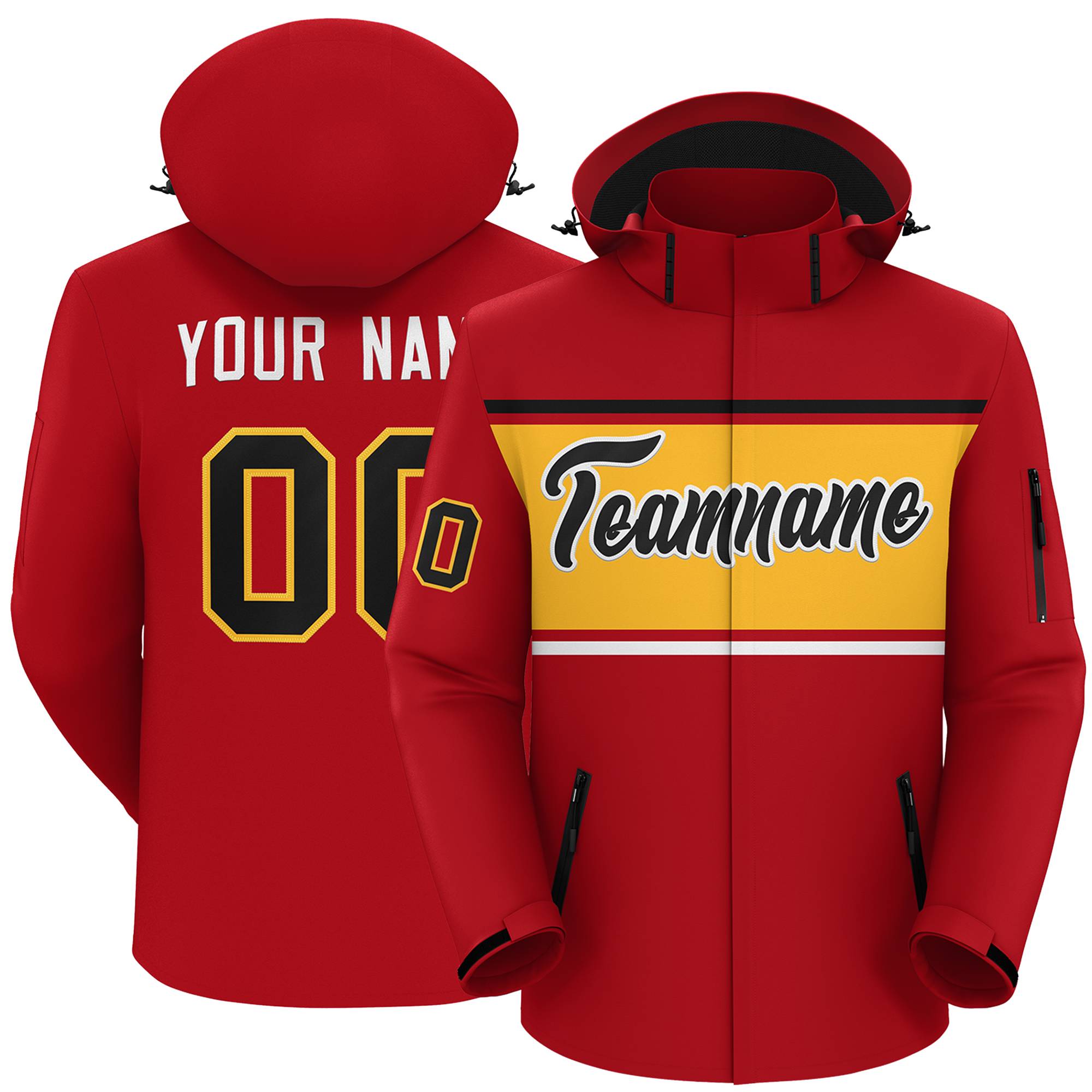 Custom Red Black-Gold Color Block Personalized Outdoor Hooded Waterproof Jacket