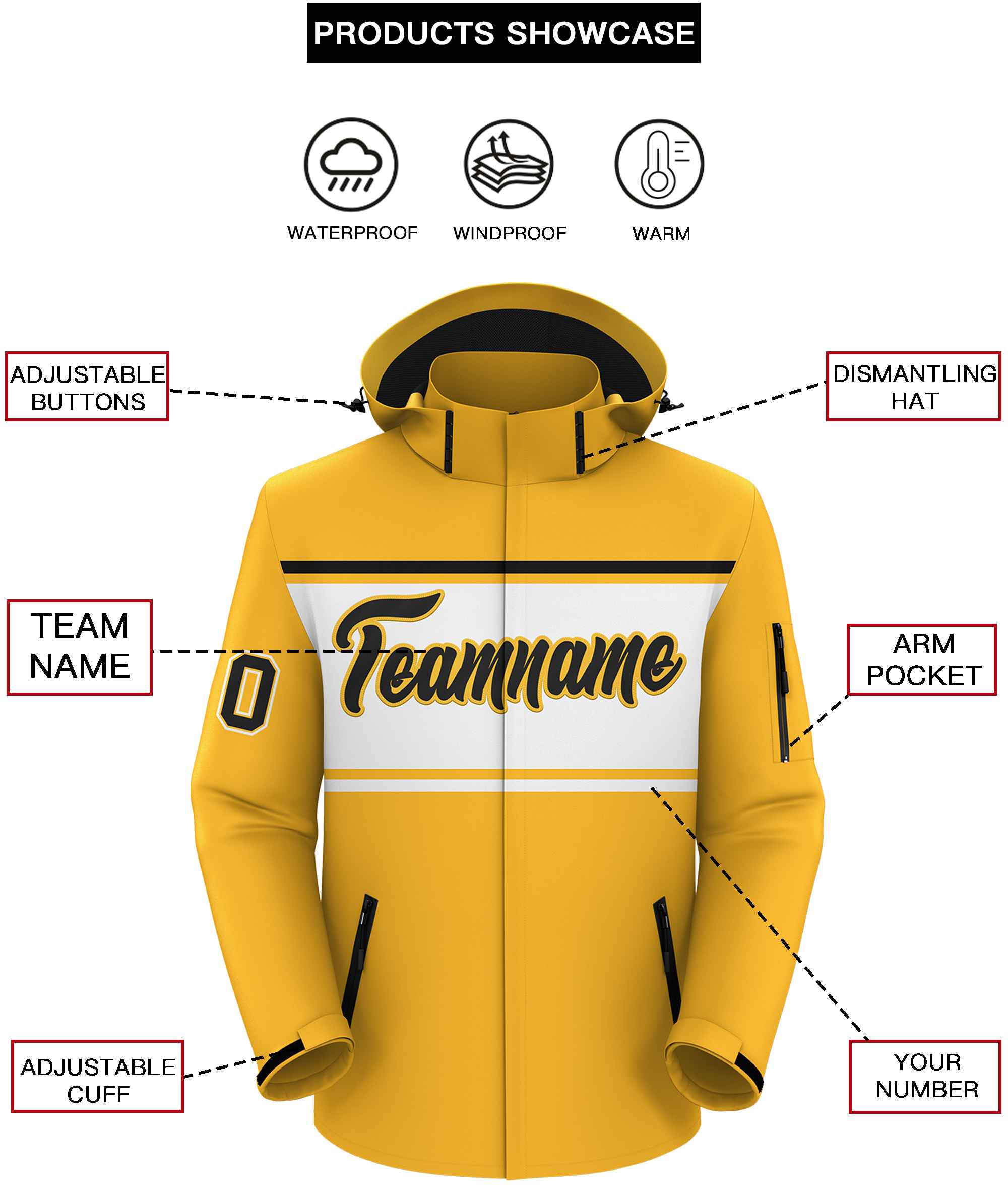 Custom Gold Black-White Color Block Personalized Outdoor Hooded Waterproof Jacket