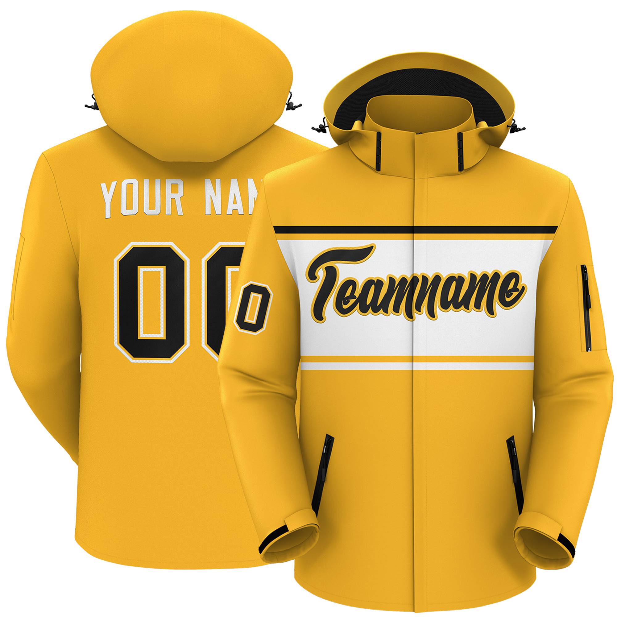 Custom Gold Black-White Color Block Personalized Outdoor Hooded Waterproof Jacket