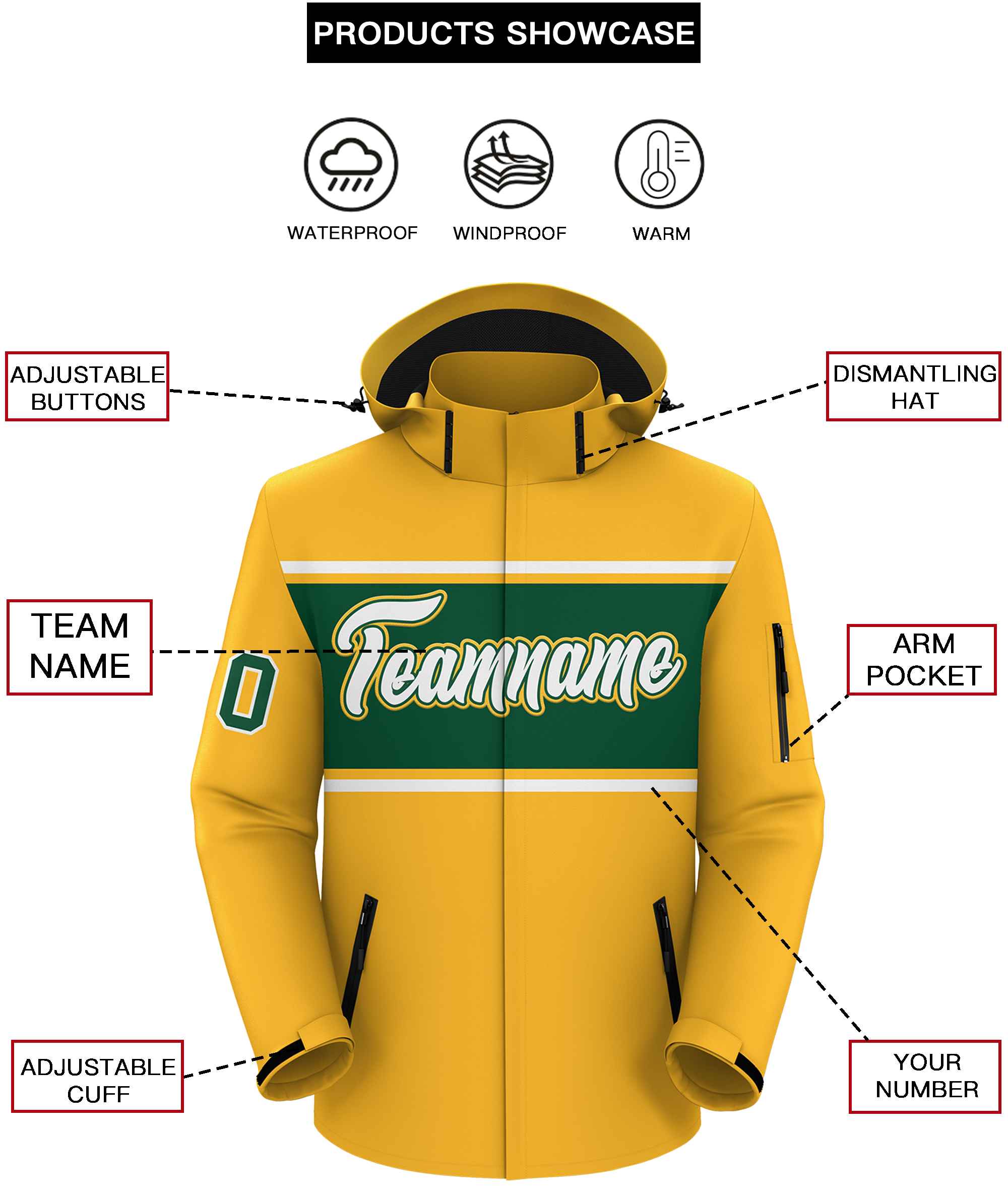 Custom Gold White-Green Color Block Personalized Outdoor Hooded Waterproof Jacket