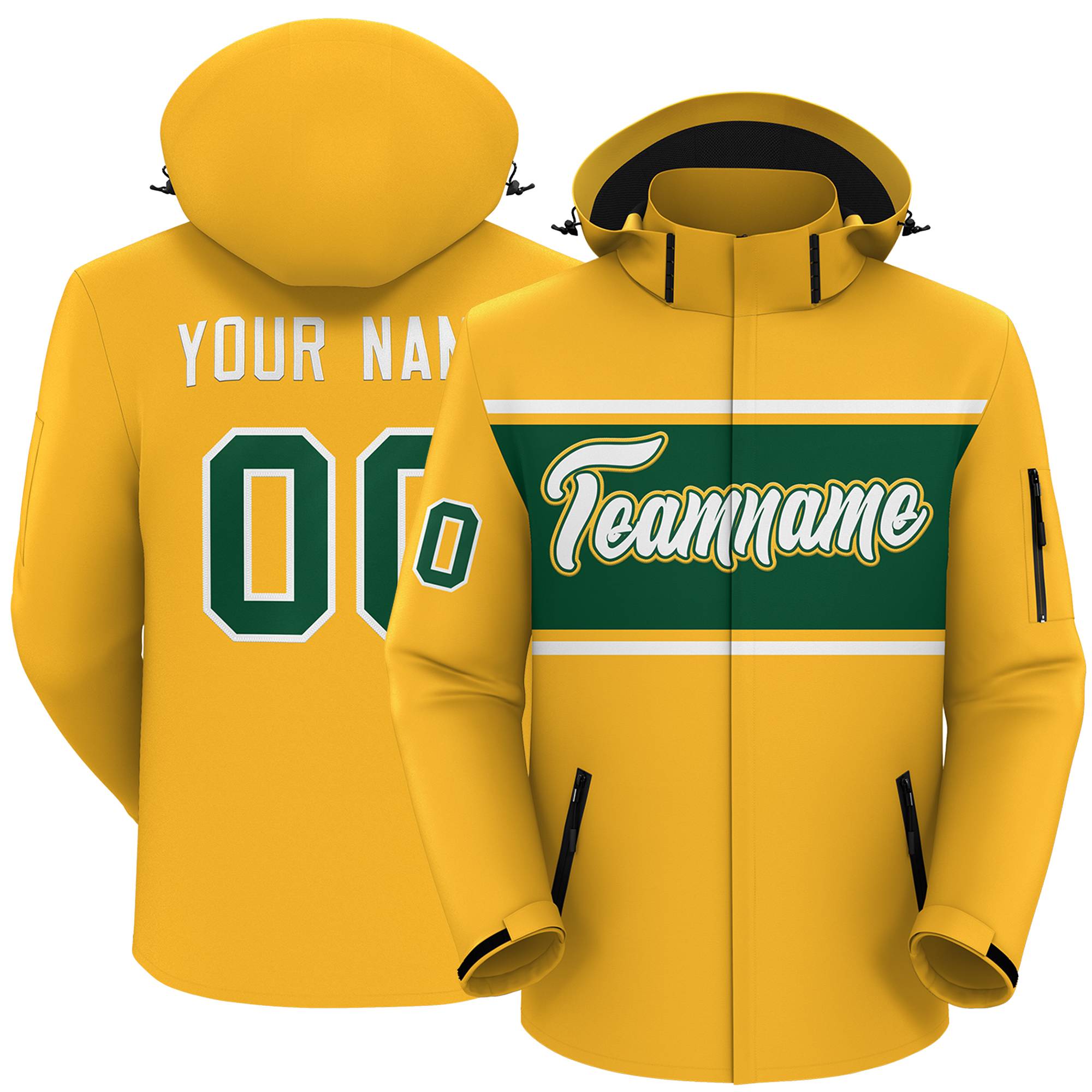 Custom Gold White-Green Color Block Personalized Outdoor Hooded Waterproof Jacket