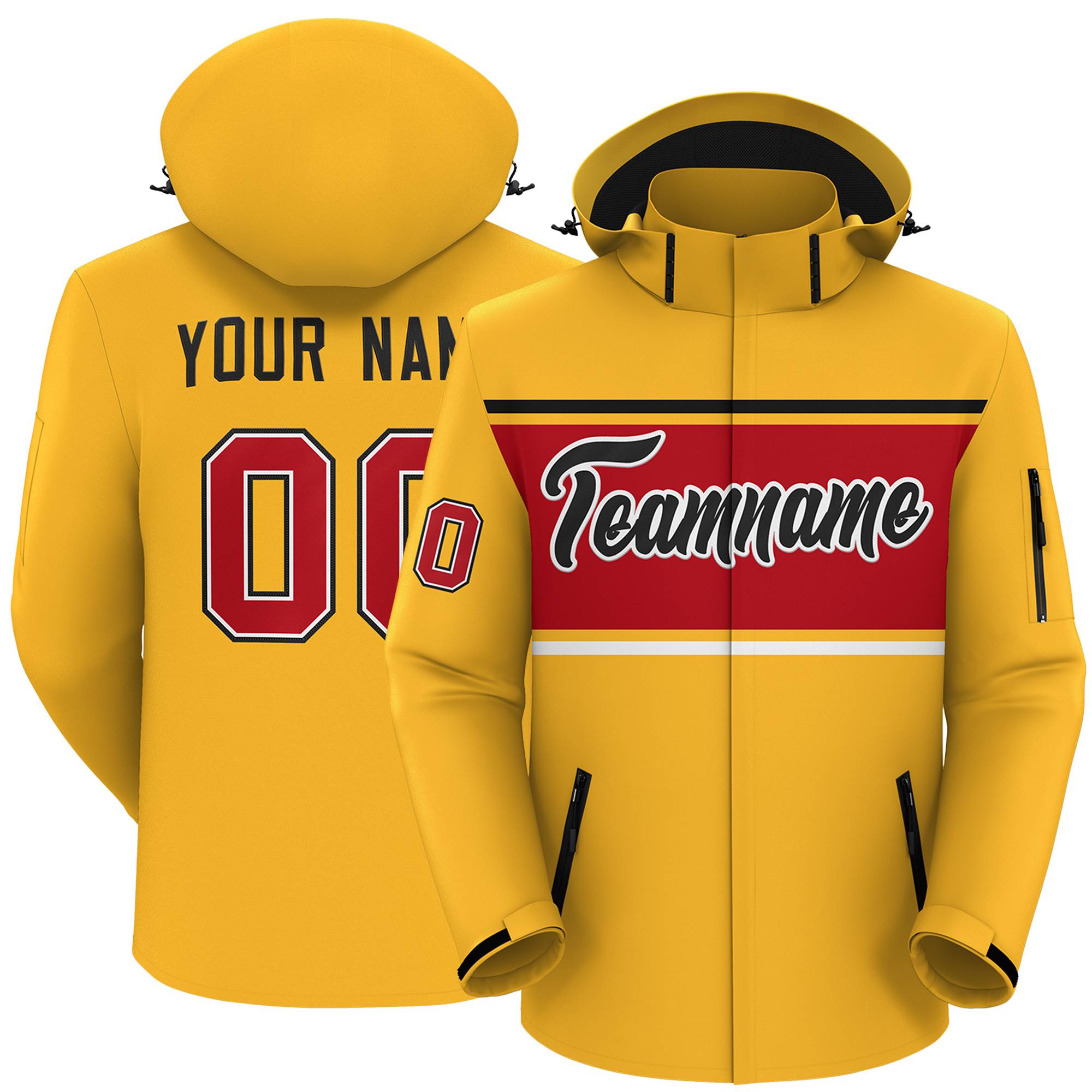 Custom Gold Black-Red Color Block Personalized Outdoor Hooded Waterproof Jacket