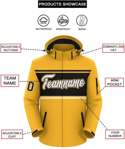 Custom Gold Black-White Color Block Personalized Outdoor Hooded Waterproof Jacket