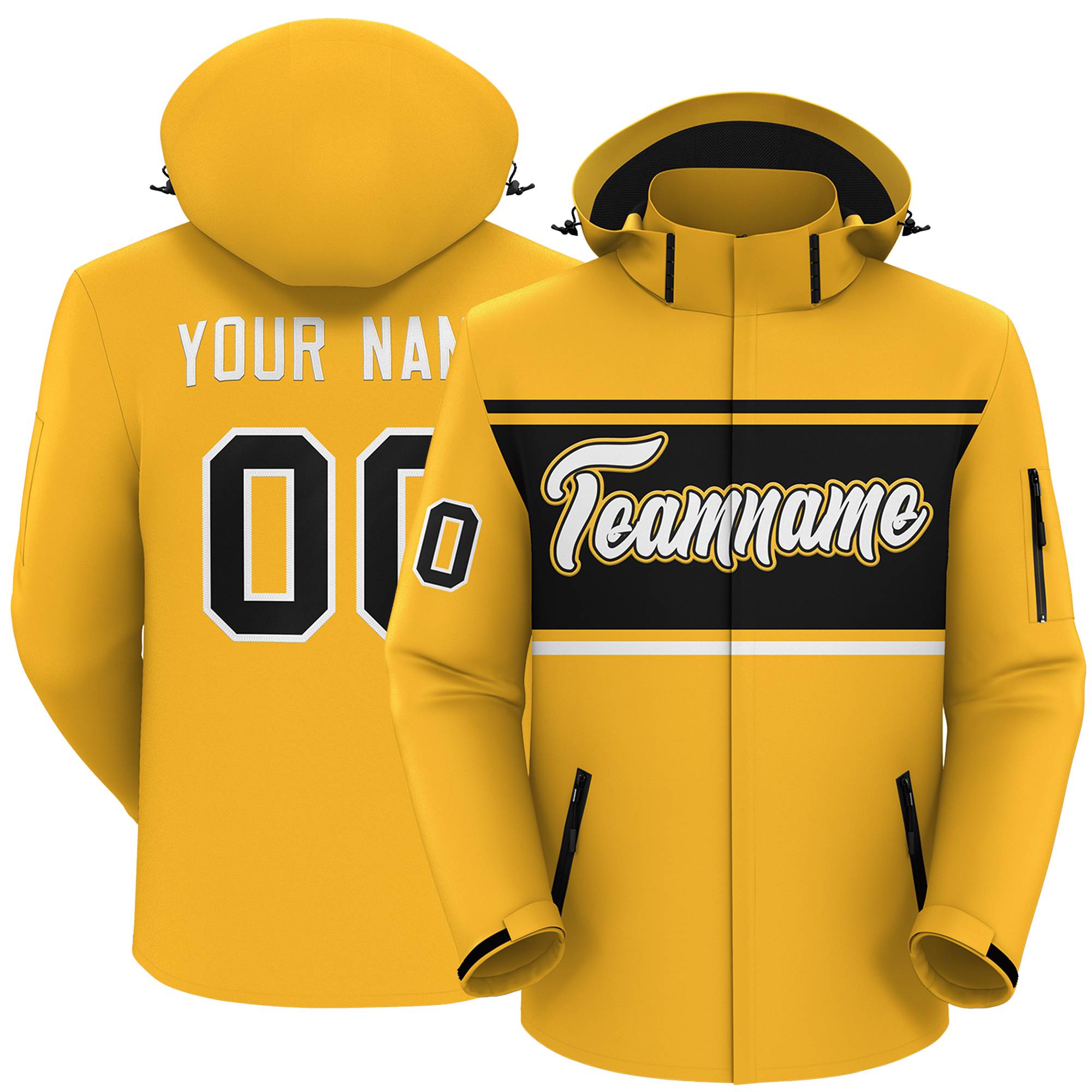 Custom Gold Black-White Color Block Personalized Outdoor Hooded Waterproof Jacket