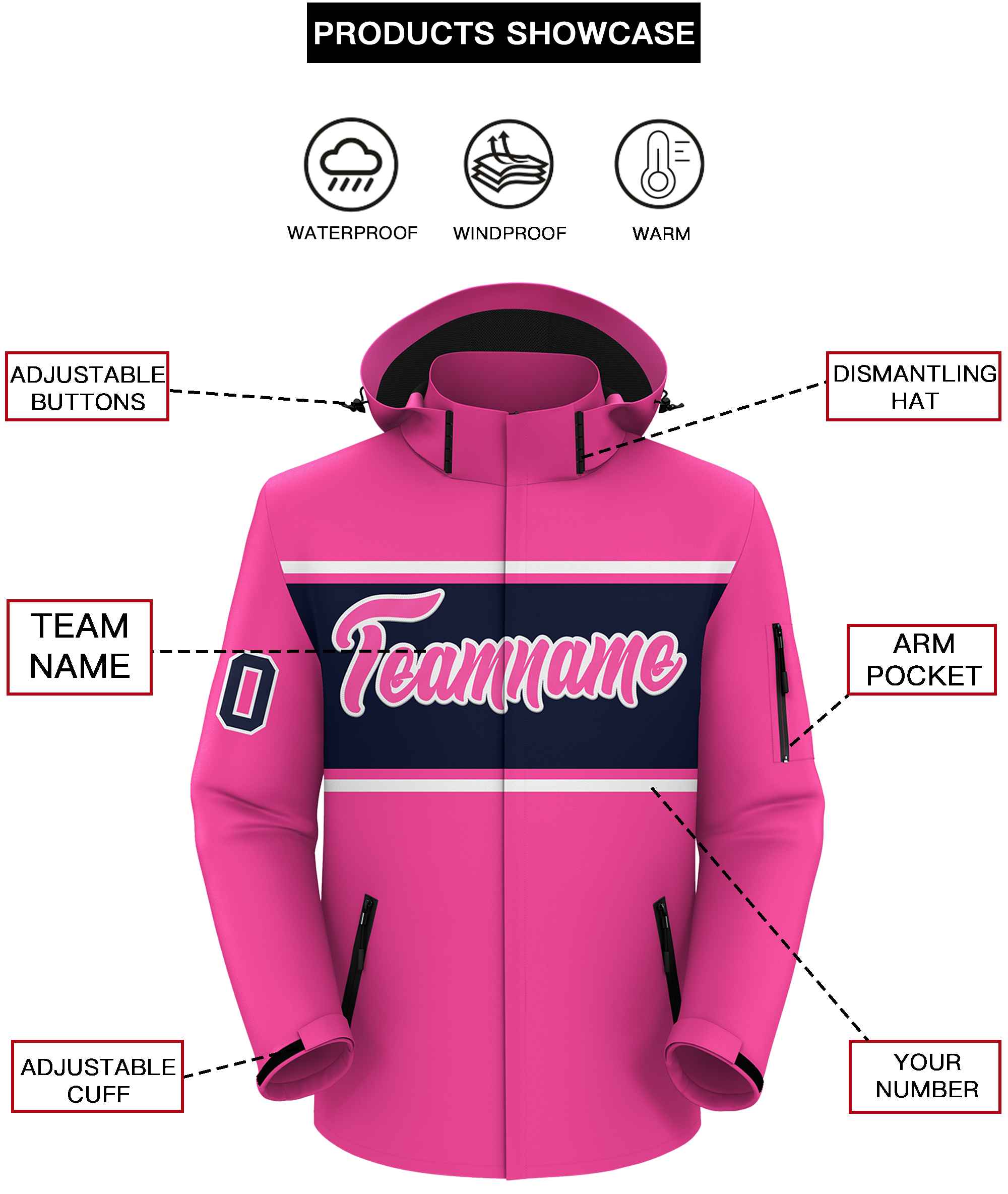 Custom Pink White-Navy Color Block Personalized Outdoor Hooded Waterproof Jacket