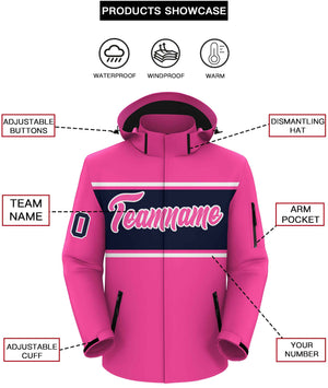 Custom Pink White-Navy Color Block Personalized Outdoor Hooded Waterproof Jacket