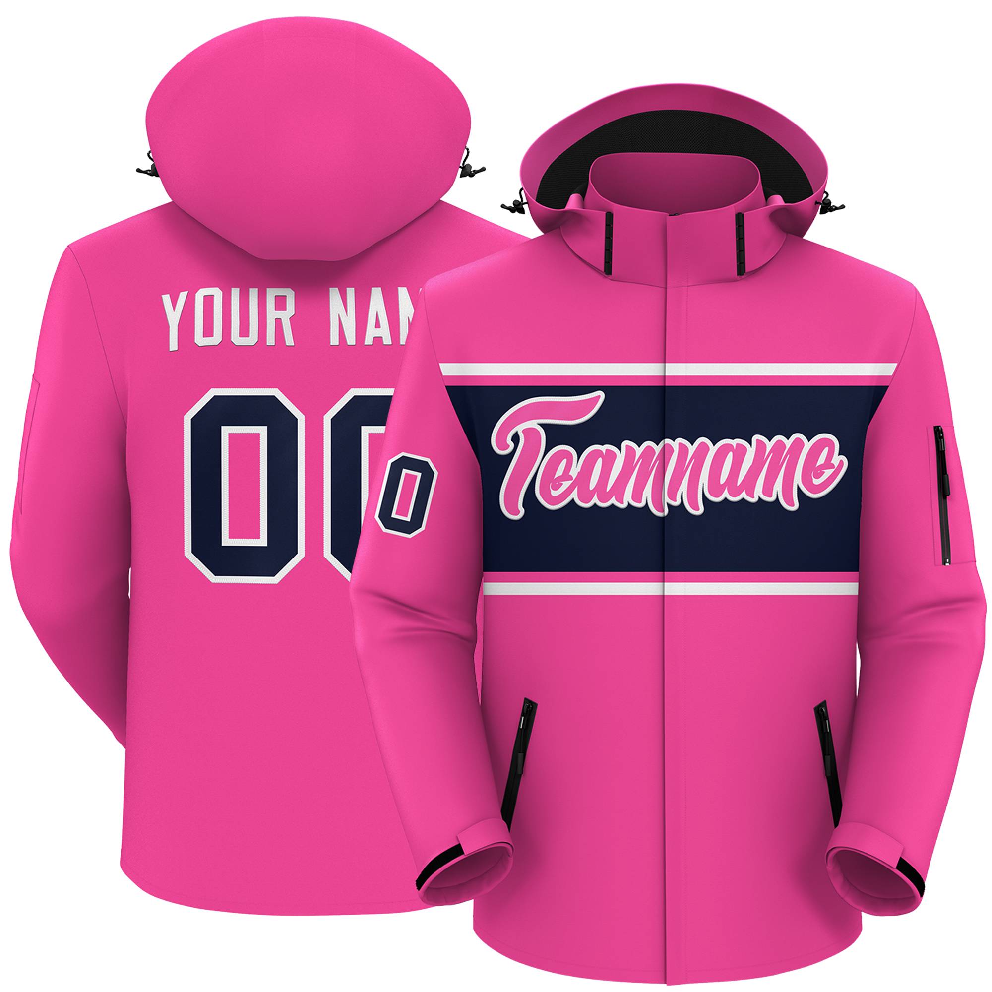 Custom Pink White-Navy Color Block Personalized Outdoor Hooded Waterproof Jacket