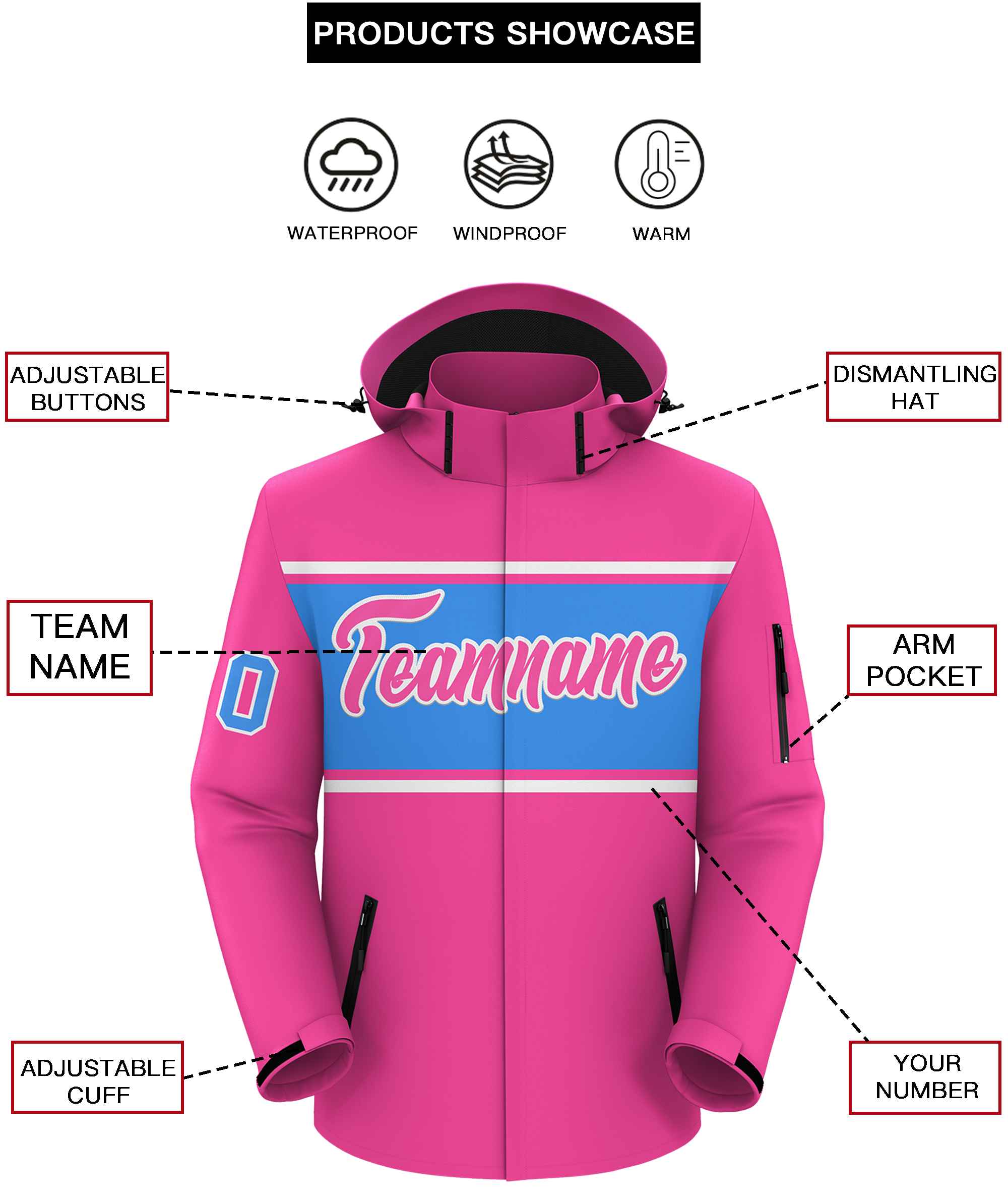 Custom Pink White-Powder Blue Color Block Personalized Outdoor Hooded Waterproof Jacket