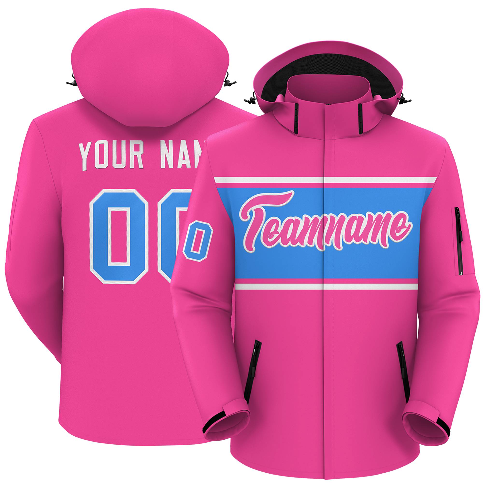 Custom Pink White-Powder Blue Color Block Personalized Outdoor Hooded Waterproof Jacket