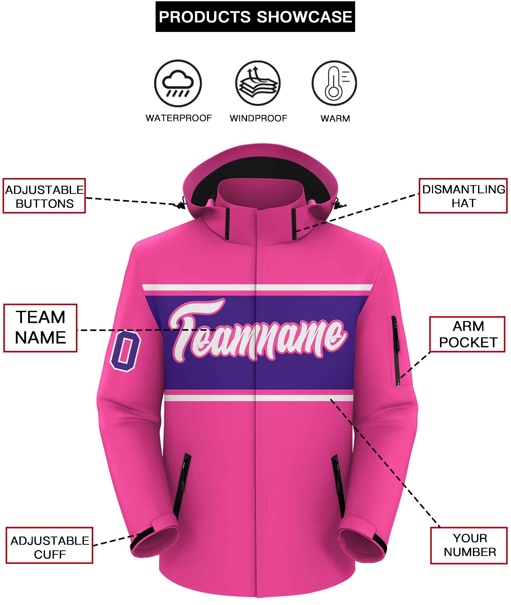 Custom Pink White-Purple Color Block Personalized Outdoor Hooded Waterproof Jacket