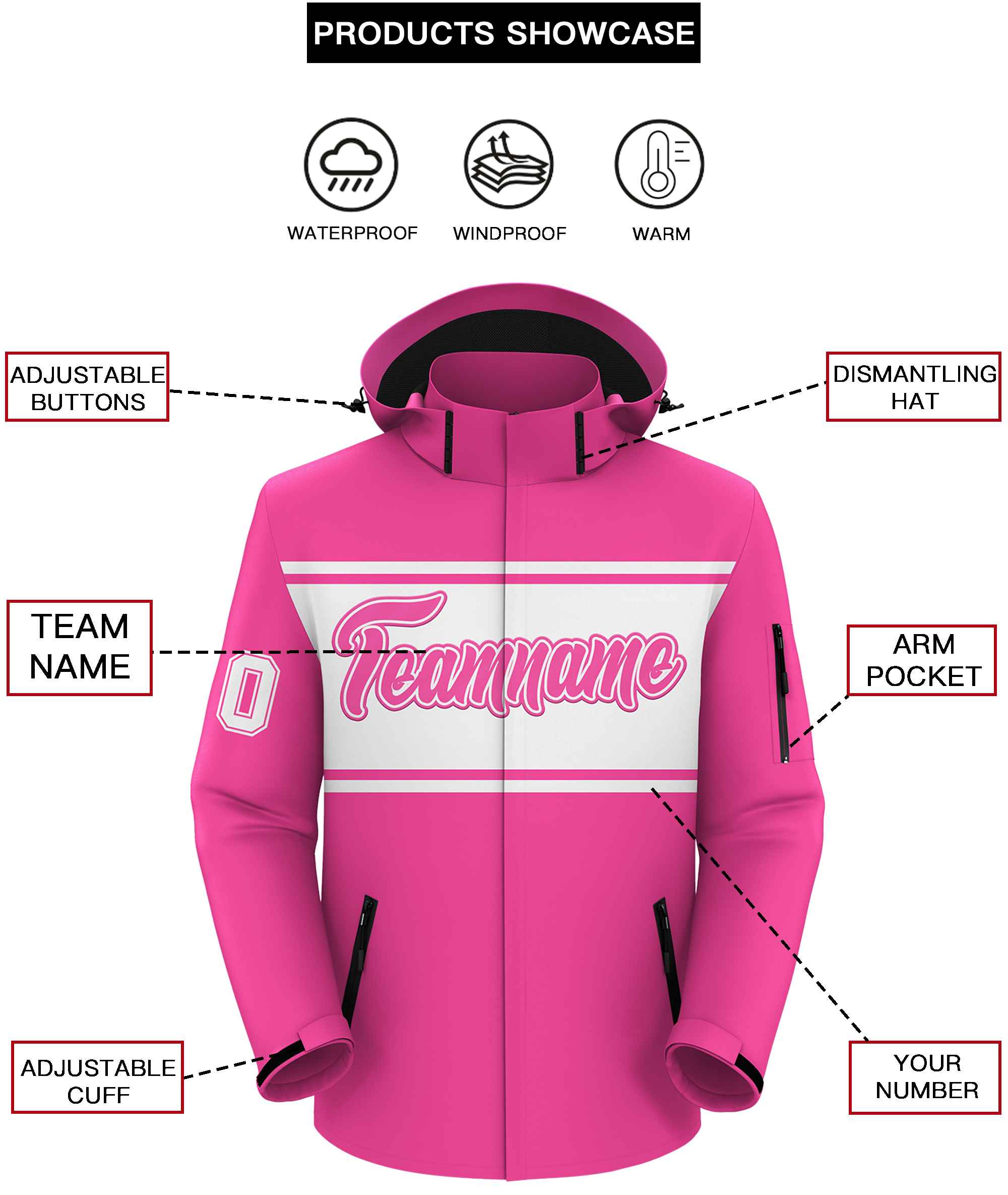 Custom Pink White Color Block Personalized Outdoor Hooded Waterproof Jacket