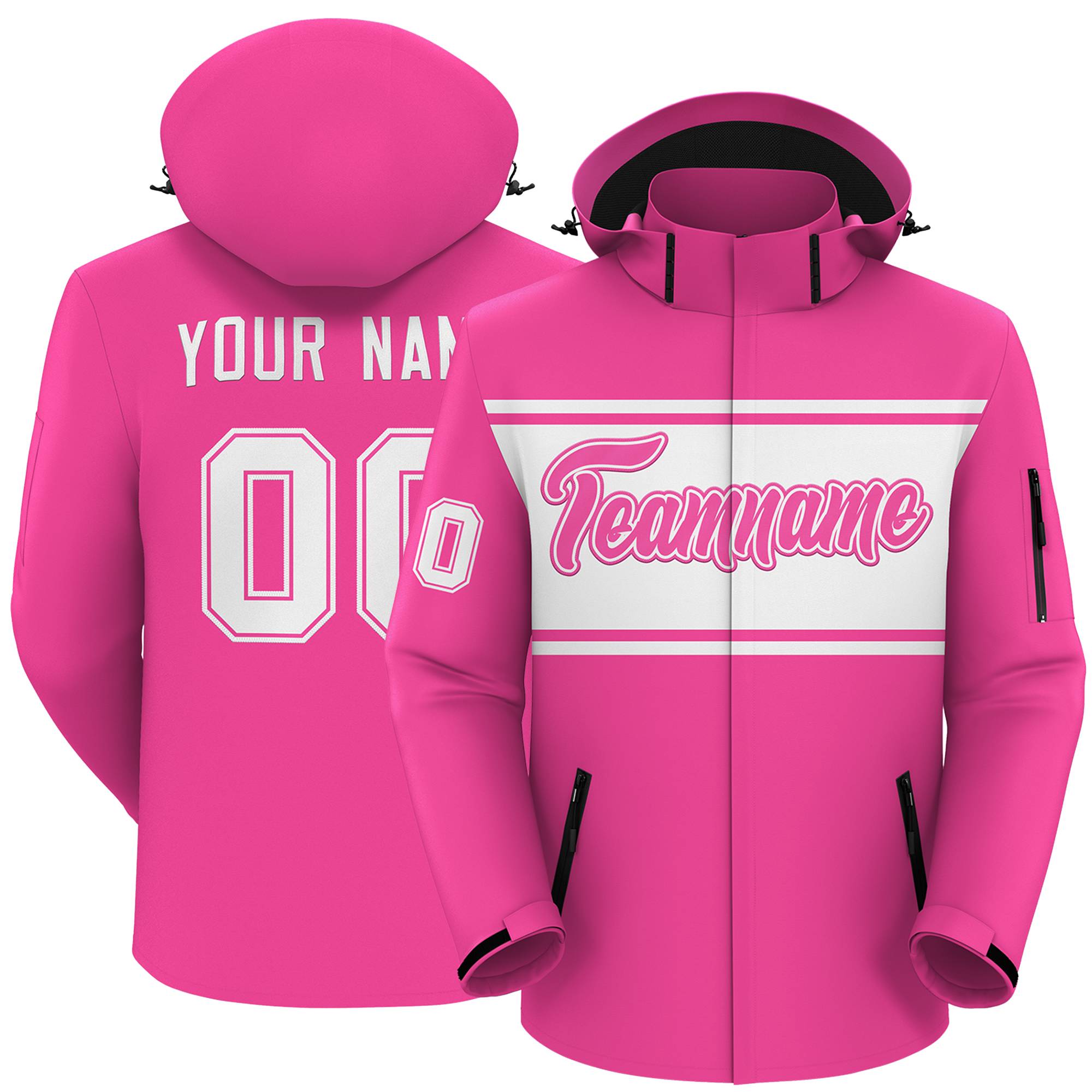 Custom Pink White Color Block Personalized Outdoor Hooded Waterproof Jacket