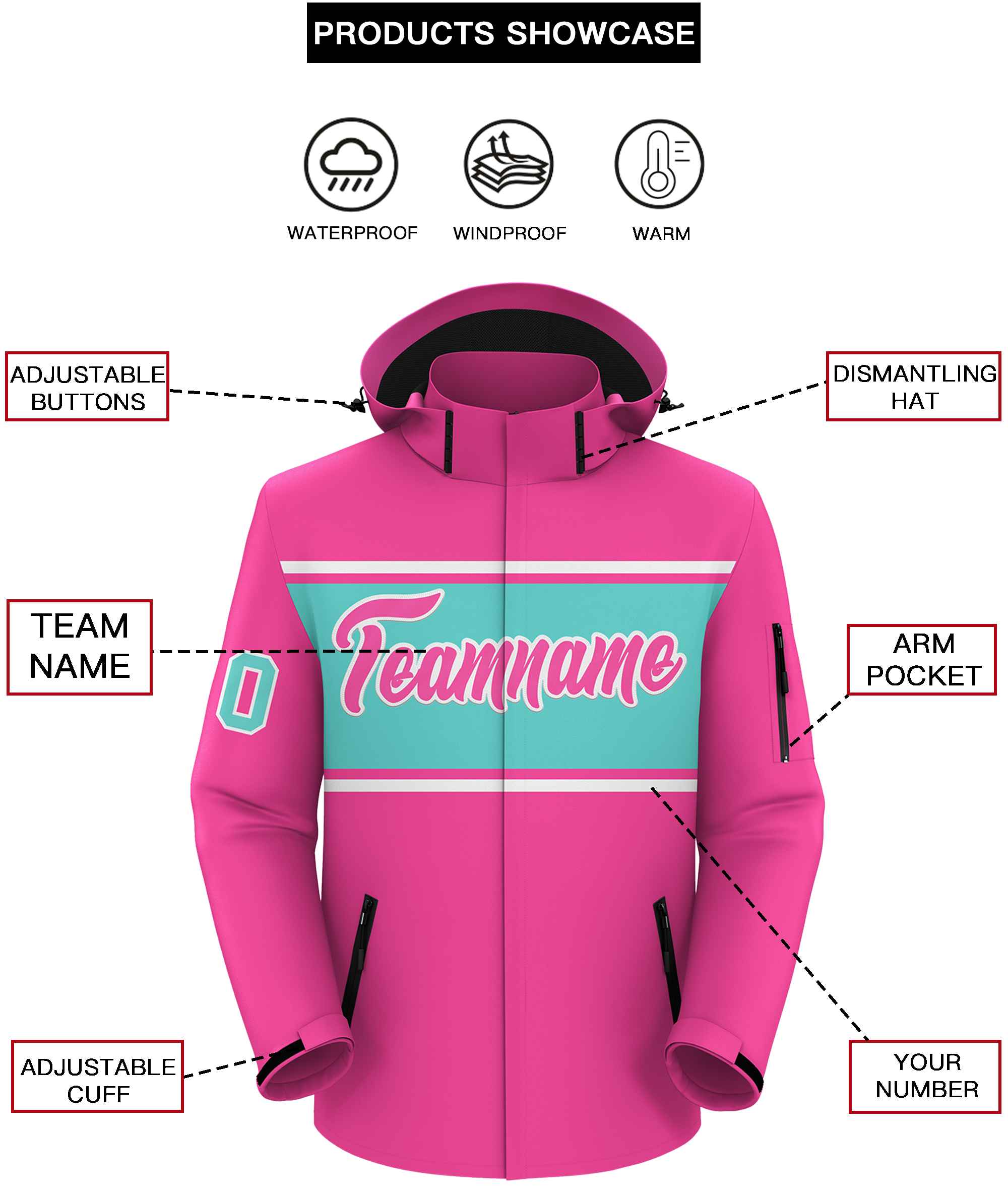 Custom Pink White-Aqua Color Block Personalized Outdoor Hooded Waterproof Jacket