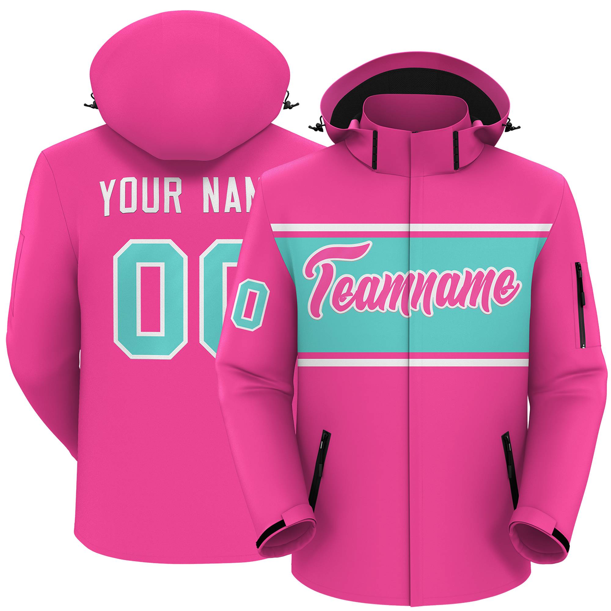 Custom Pink White-Aqua Color Block Personalized Outdoor Hooded Waterproof Jacket