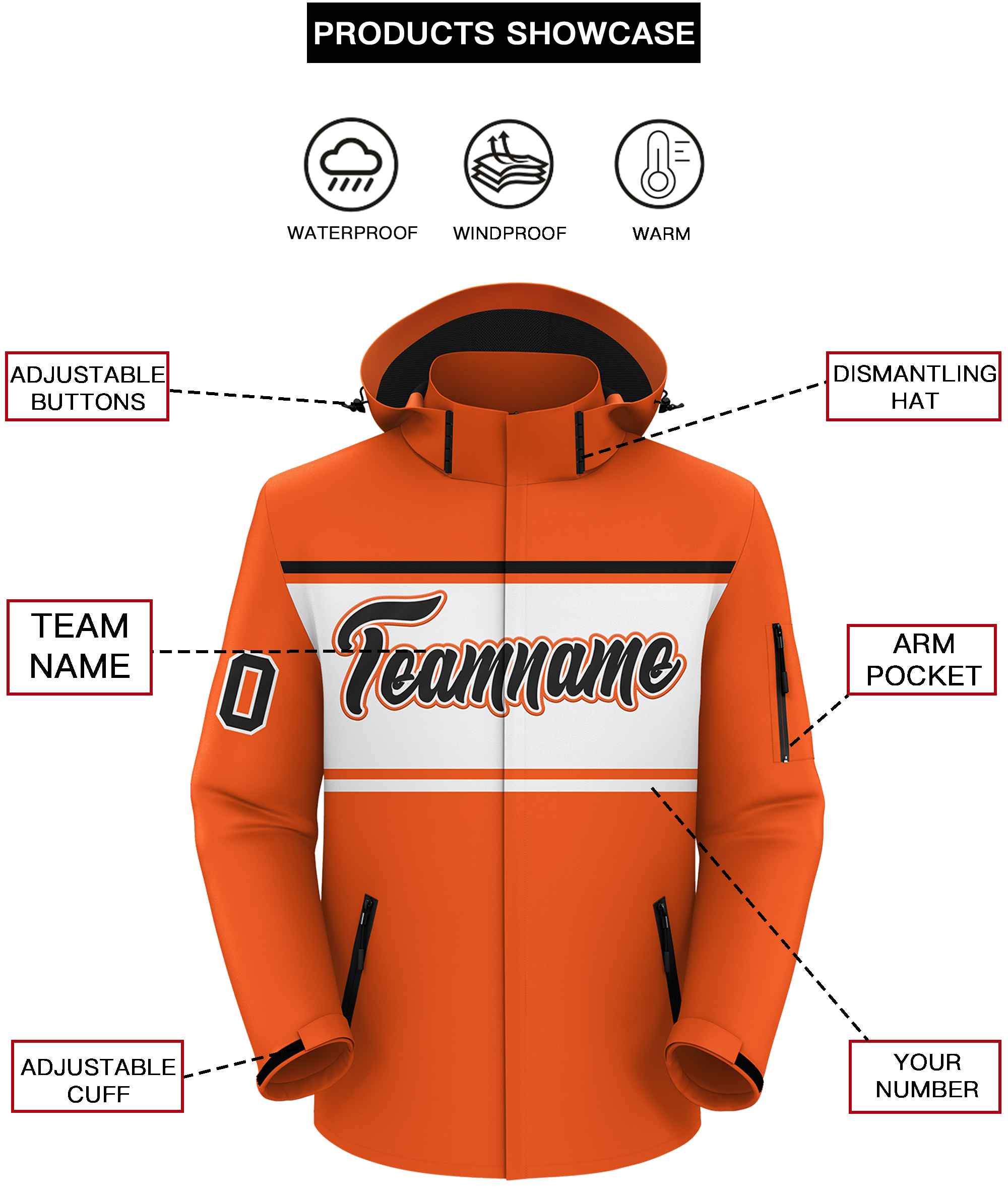 Custom Orange Black-White Color Block Personalized Outdoor Hooded Waterproof Jacket