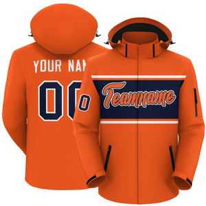Custom Orange White-Navy Color Block Personalized Outdoor Hooded Waterproof Jacket